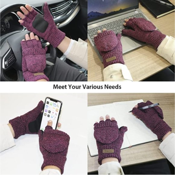 Unisex Winter Knitted Convertible Warm Fingerless Gloves Wool Mittens - Picture 12 of 14
